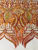 Luxury Feather Sequins - Iridescent Orange - 4 Way Stretch Glamorous Fringe Feather Sequins Fabric