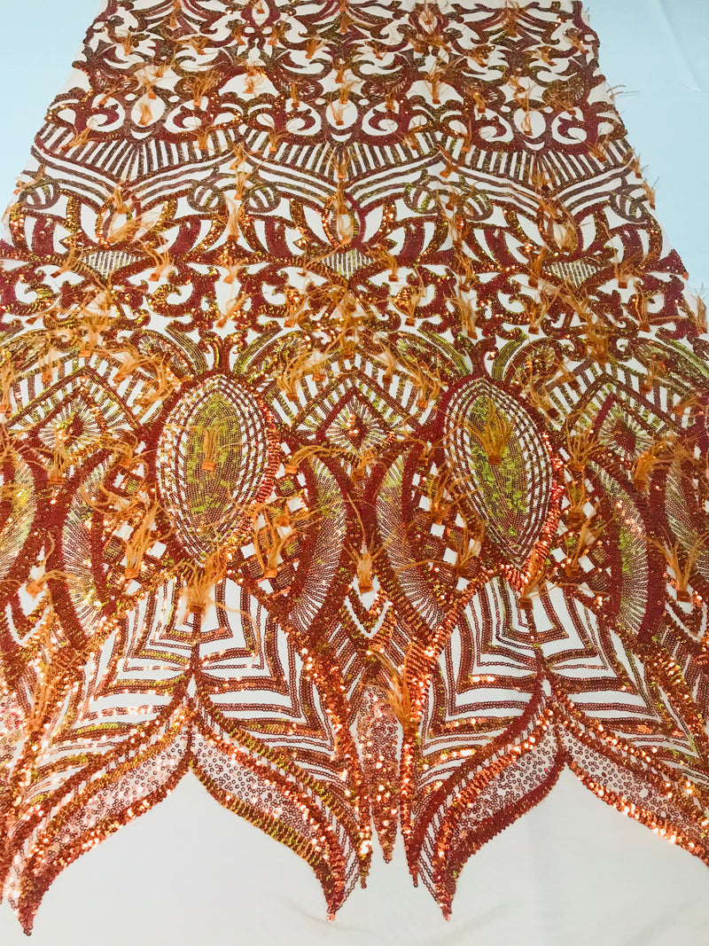 Luxury Feather Sequins - Iridescent Orange - 4 Way Stretch Glamorous Fringe Feather Sequins Fabric