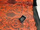 Glam Pattern Sequins - Neon Orange - 4 Way Stretch Colorful Designer Net Sequins Fabrics