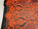 Glam Pattern Sequins - Neon Orange - 4 Way Stretch Colorful Designer Net Sequins Fabrics