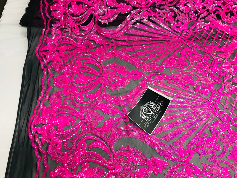 Glam Pattern Sequins - Neon Pink - 4 Way Stretch Colorful Designer Net Sequins Fabrics
