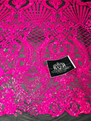Glam Pattern Sequins - Neon Pink - 4 Way Stretch Colorful Designer Net Sequins Fabrics