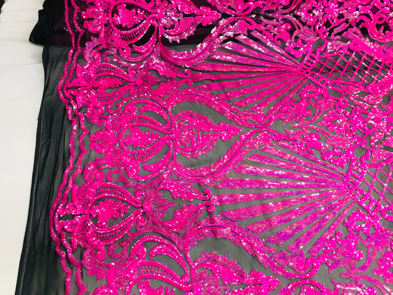 Glam Pattern Sequins - Neon Pink - 4 Way Stretch Colorful Designer Net Sequins Fabrics