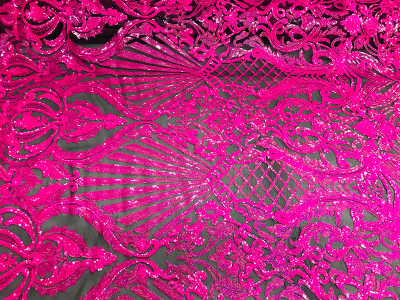 Glam Pattern Sequins - Neon Pink - 4 Way Stretch Colorful Designer Net Sequins Fabrics