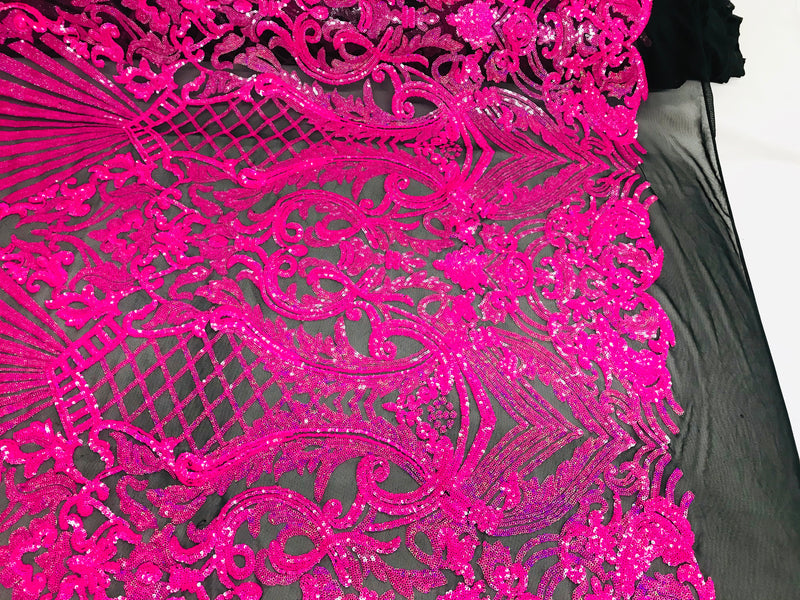 Glam Pattern Sequins - Neon Pink - 4 Way Stretch Colorful Designer Net Sequins Fabrics