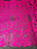 Glam Pattern Sequins - Neon Pink - 4 Way Stretch Colorful Designer Net Sequins Fabrics