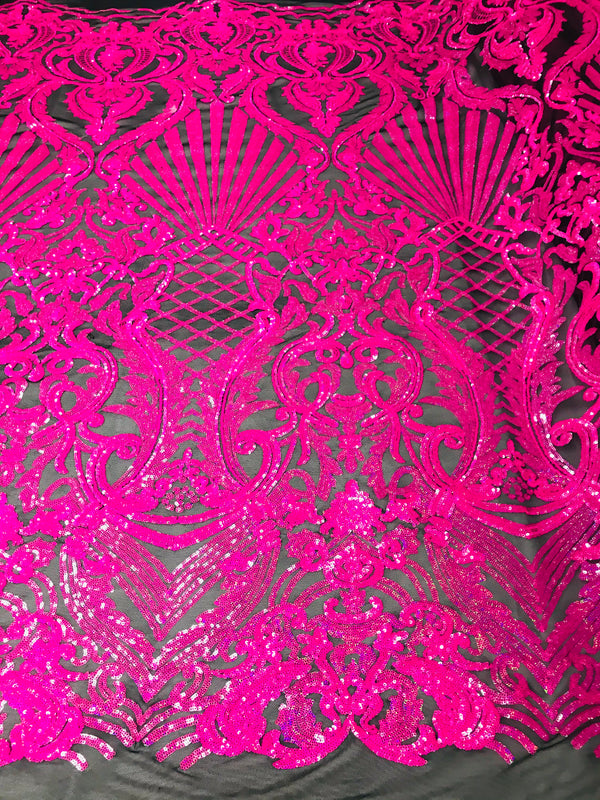 Glam Pattern Sequins - Neon Pink - 4 Way Stretch Colorful Designer Net Sequins Fabrics