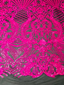 Glam Pattern Sequins - Neon Pink - 4 Way Stretch Colorful Designer Net Sequins Fabrics