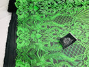 Glam Pattern Sequins - Neon Green - 4 Way Stretch Colorful Designer Net Sequins Fabrics