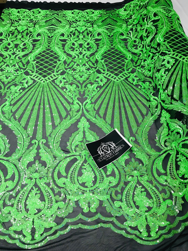 Glam Pattern Sequins - Neon Green - 4 Way Stretch Colorful Designer Net Sequins Fabrics