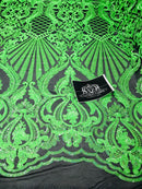Glam Pattern Sequins - Neon Green - 4 Way Stretch Colorful Designer Net Sequins Fabrics