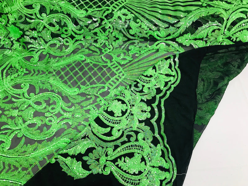 Glam Pattern Sequins - Neon Green - 4 Way Stretch Colorful Designer Net Sequins Fabrics
