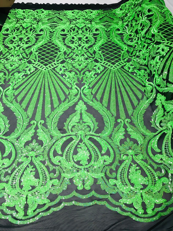 Glam Pattern Sequins - Neon Green - 4 Way Stretch Colorful Designer Net Sequins Fabrics