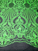 Glam Pattern Sequins - Neon Green - 4 Way Stretch Colorful Designer Net Sequins Fabrics