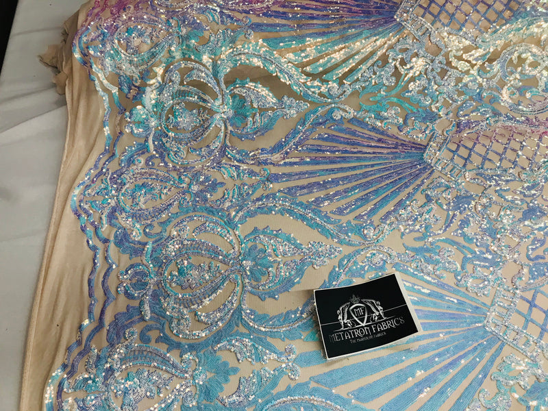 Glam Pattern Sequins - Iridescent Aqua - 4 Way Stretch Colorful Designer Net Sequins Fabrics