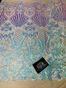 Glam Pattern Sequins - Iridescent Aqua - 4 Way Stretch Colorful Designer Net Sequins Fabrics