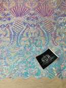 Glam Pattern Sequins - Iridescent Aqua - 4 Way Stretch Colorful Designer Net Sequins Fabrics