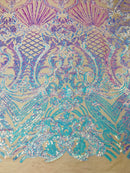 Glam Pattern Sequins - Iridescent Aqua - 4 Way Stretch Colorful Designer Net Sequins Fabrics