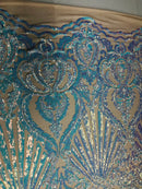 Glam Pattern Sequins - Iridescent Aqua - 4 Way Stretch Colorful Designer Net Sequins Fabrics