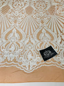 Glam Pattern Sequins - Nude White Mesh - 4 Way Stretch Colorful Designer Net Sequins Fabrics