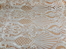 Glam Pattern Sequins - Nude White Mesh - 4 Way Stretch Colorful Designer Net Sequins Fabrics