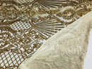 Glam Pattern Sequins - Gold - 4 Way Stretch Colorful Designer Net Sequins Fabrics