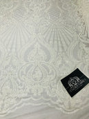 Glam Pattern Sequins - White White - 4 Way Stretch Colorful Designer Net Sequins Fabrics