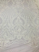 Glam Pattern Sequins - White White - 4 Way Stretch Colorful Designer Net Sequins Fabrics