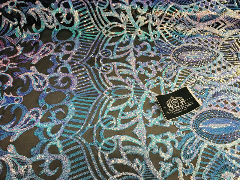 Iridescent Fabric - Iridescent Aqua Black Mesh - 4 Way Stretch Royalty Sequins Holographic Sequins Fabric