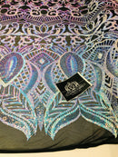 Iridescent Fabric - Iridescent Aqua Black Mesh - 4 Way Stretch Royalty Sequins Holographic Sequins Fabric