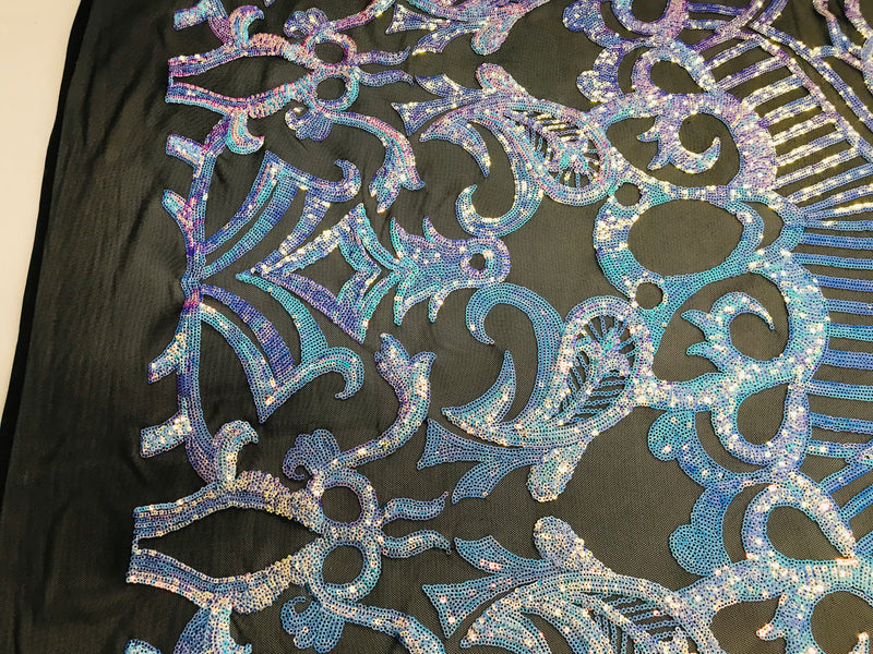 Iridescent Fabric - Iridescent Aqua Black Mesh - 4 Way Stretch Royalty Sequins Holographic Sequins Fabric