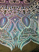 Iridescent Fabric - Iridescent Aqua Black Mesh - 4 Way Stretch Royalty Sequins Holographic Sequins Fabric