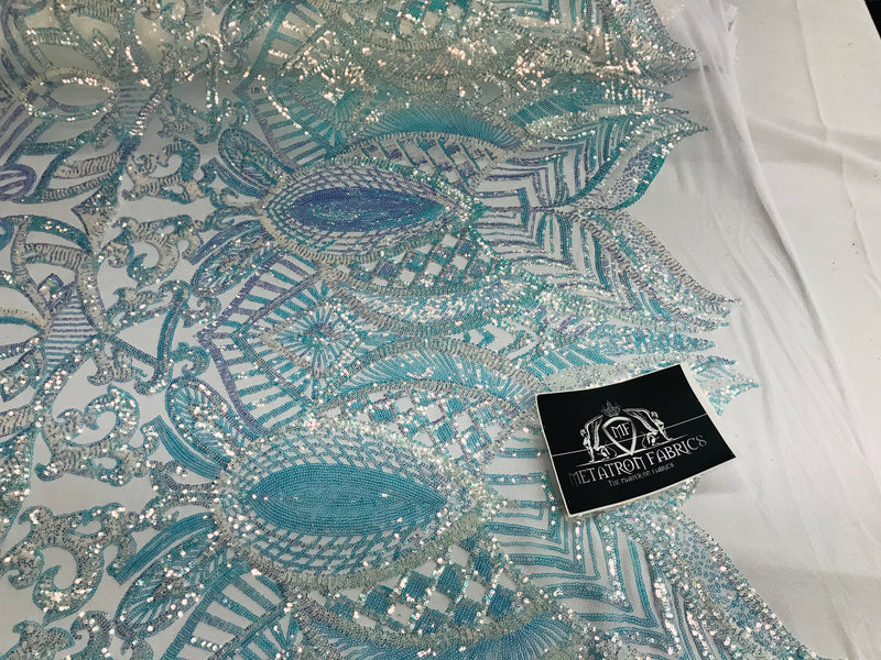 Iridescent Fabric - Iridescent Clear Aqua White Mesh - 4 Way Stretch Sequins Holographic Fabric