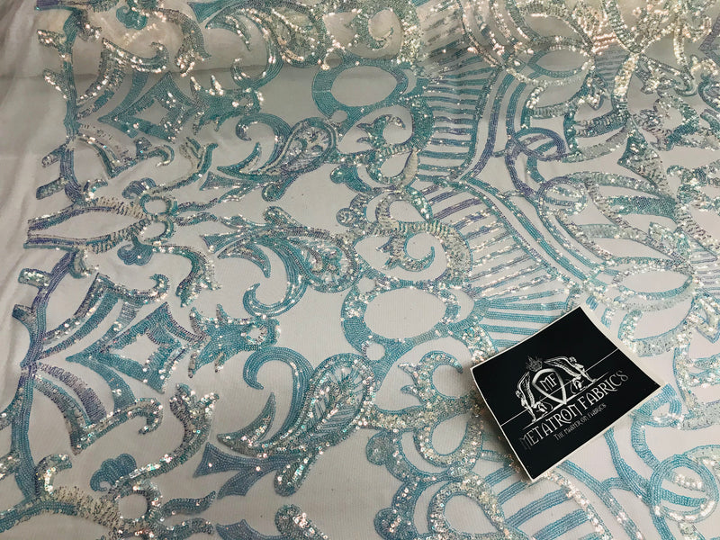 Iridescent Fabric - Iridescent Clear Aqua White Mesh - 4 Way Stretch Sequins Holographic Fabric