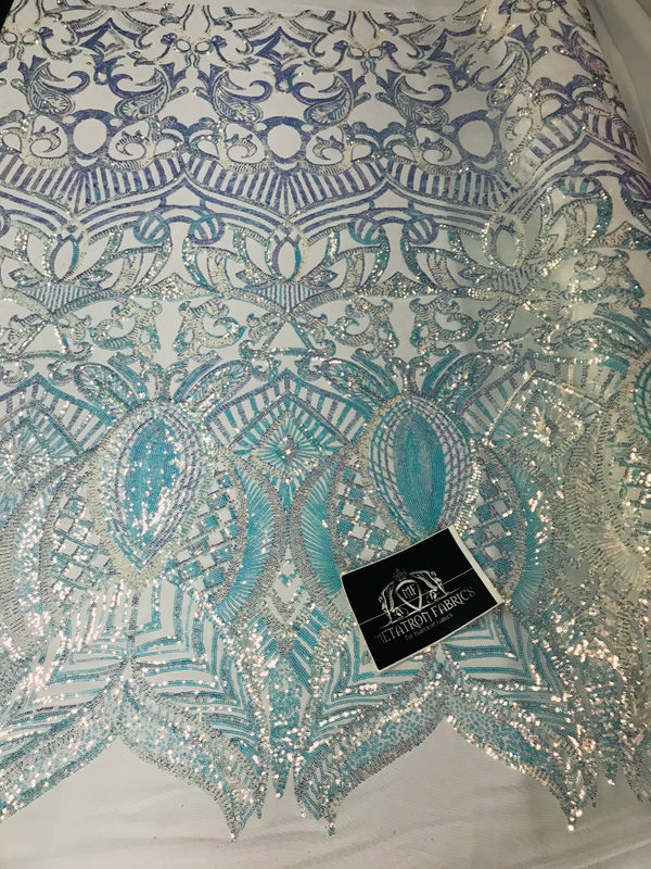 Iridescent Fabric - Iridescent Clear Aqua White Mesh - 4 Way Stretch Sequins Holographic Fabric