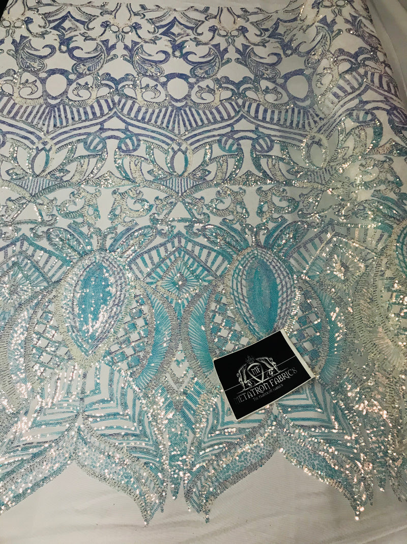 Iridescent Fabric - Iridescent Clear Aqua White Mesh - 4 Way Stretch Sequins Holographic Fabric