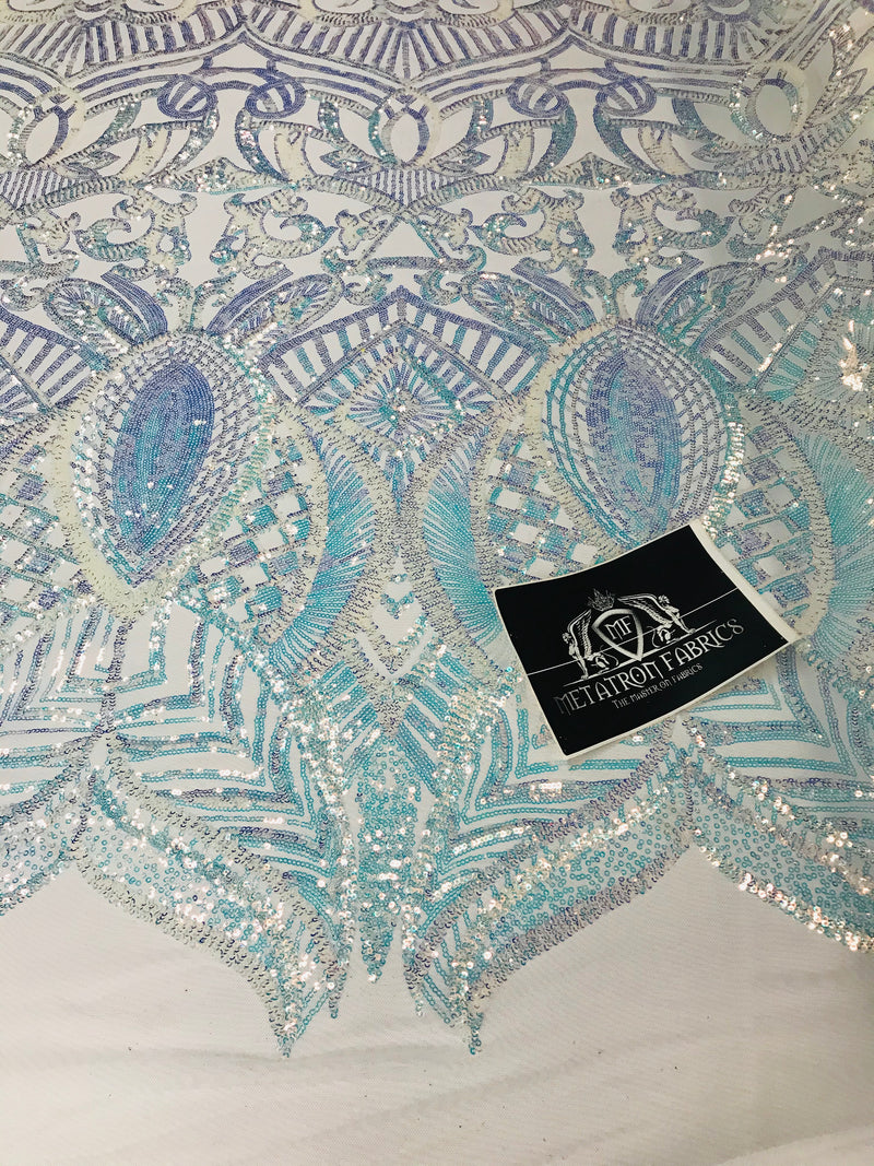 Iridescent Fabric - Iridescent Clear Aqua White Mesh - 4 Way Stretch Sequins Holographic Fabric