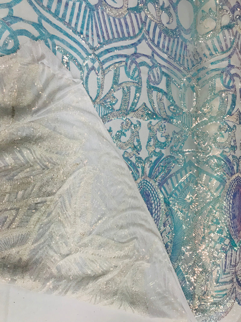 Iridescent Fabric - Iridescent Clear Aqua White Mesh - 4 Way Stretch Sequins Holographic Fabric