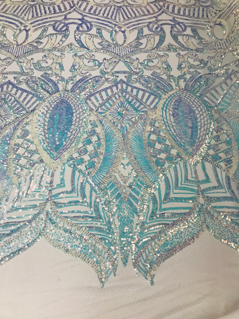 Iridescent Fabric - Iridescent Clear Aqua White Mesh - 4 Way Stretch Sequins Holographic Fabric