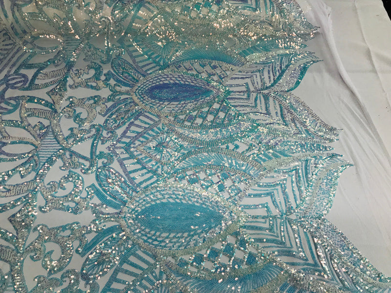 Iridescent Fabric - Iridescent Clear Aqua White Mesh - 4 Way Stretch Sequins Holographic Fabric