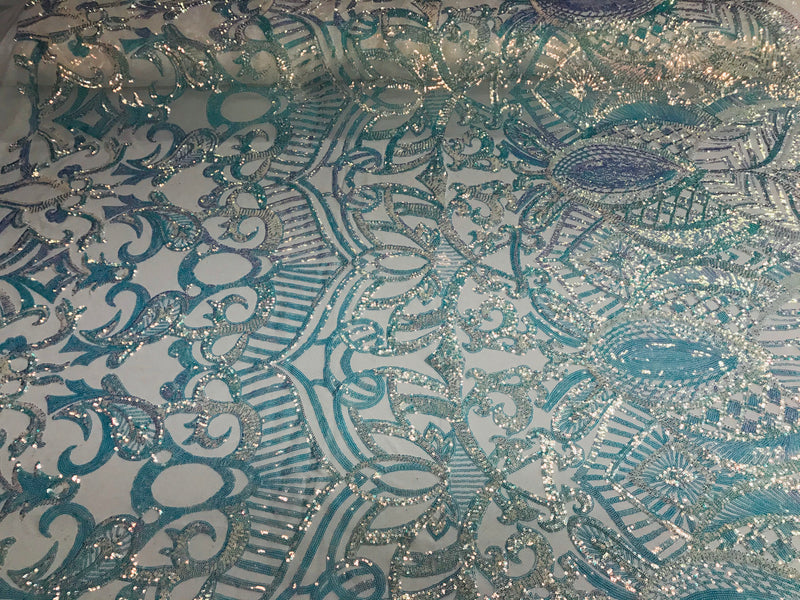 Iridescent Fabric - Iridescent Clear Aqua White Mesh - 4 Way Stretch Sequins Holographic Fabric