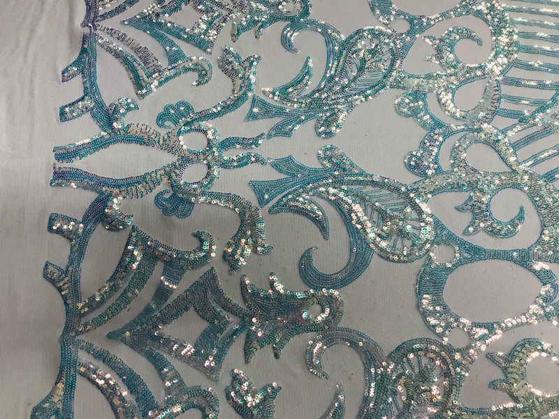 Iridescent Fabric - Iridescent Clear Aqua White Mesh - 4 Way Stretch Sequins Holographic Fabric