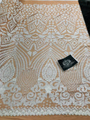 Geometric Pattern Sequins - White Nude Mesh - 4 Way Stretch Colorful Shine Designer Sequins