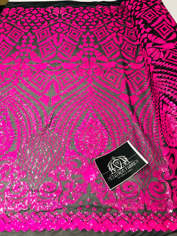 Geometric Pattern Sequins - Neon Pink - 4 Way Stretch Colorful Shine Designer Sequins