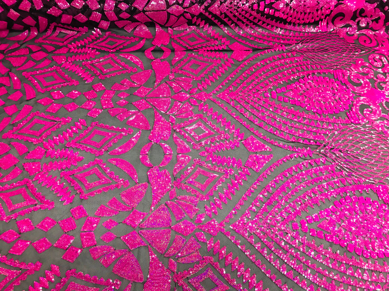 Geometric Pattern Sequins - Neon Pink - 4 Way Stretch Colorful Shine Designer Sequins