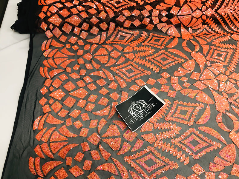 Geometric Pattern Sequins - Neon Orange - 4 Way Stretch Colorful Shine Designer Sequins