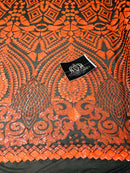Geometric Pattern Sequins - Neon Orange - 4 Way Stretch Colorful Shine Designer Sequins