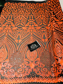 Geometric Pattern Sequins - Neon Orange - 4 Way Stretch Colorful Shine Designer Sequins