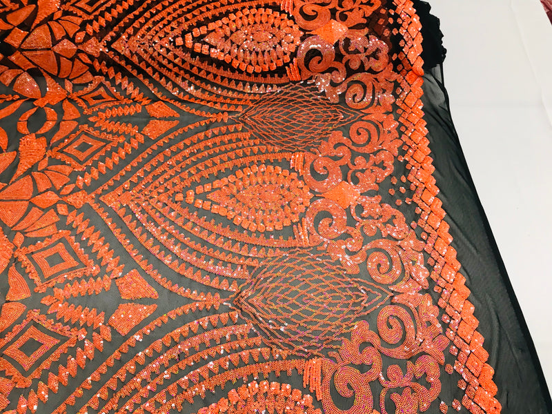 Geometric Pattern Sequins - Neon Orange - 4 Way Stretch Colorful Shine Designer Sequins