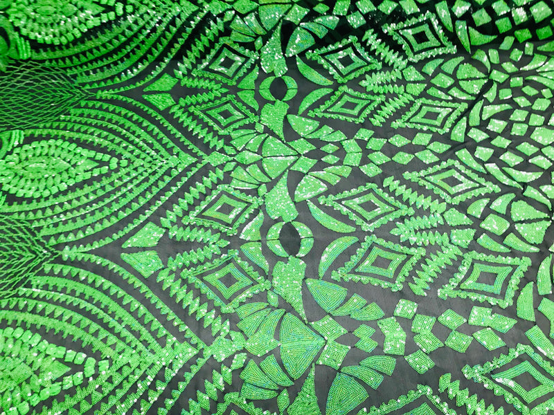 Geometric Pattern Sequins - Neon Green - 4 Way Stretch Colorful Shine Designer Sequins